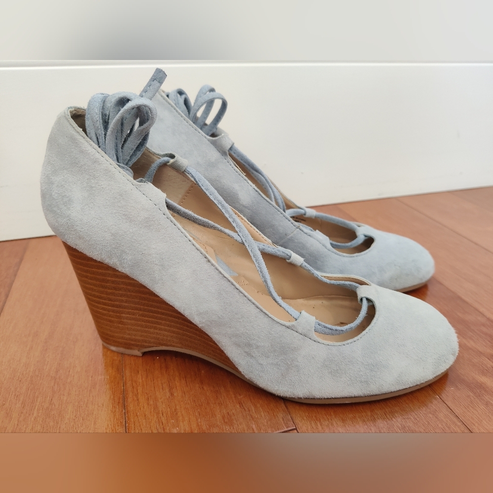 Ankle Tie Blue Suede Wedge Shoes